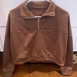 Brown Quarter-Zip Cropped Sweatshirt